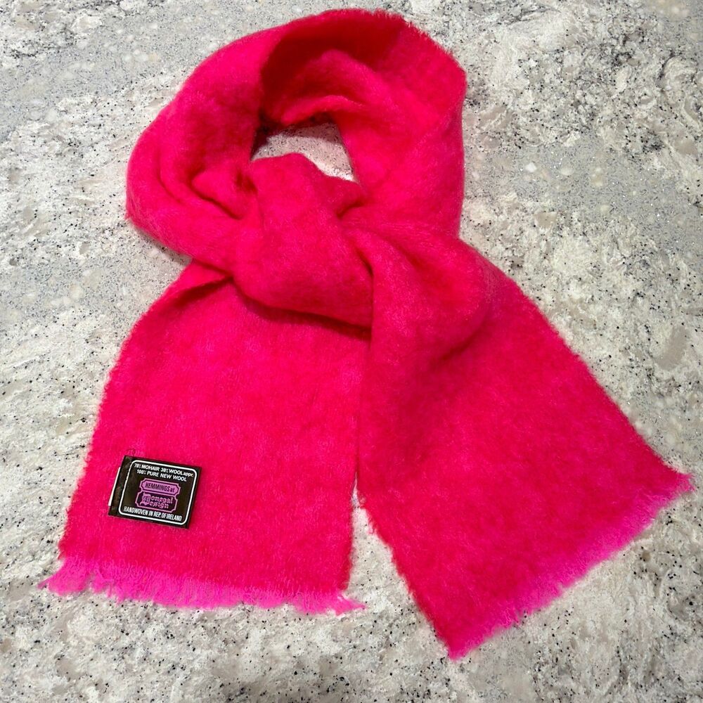 DONEGAL Designs Scarf Bright Pink Mohair Wool Fringe Ireland 65” Fuzzy VTG